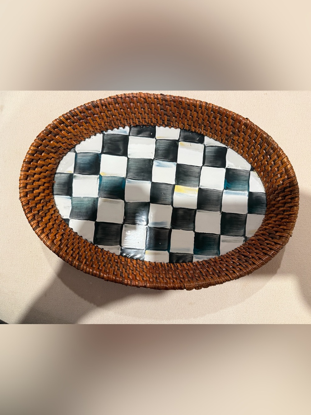 MacKenzie-Childs Oval WovenTray Black, and White  Courtly Check Pattern